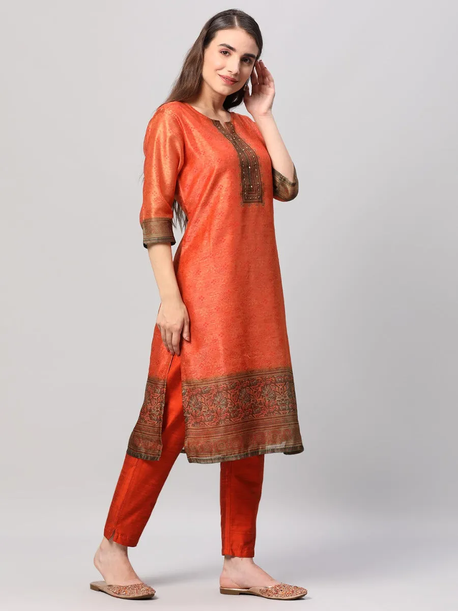 Orange Ornamental Printed Kurta Trouser Dupatta