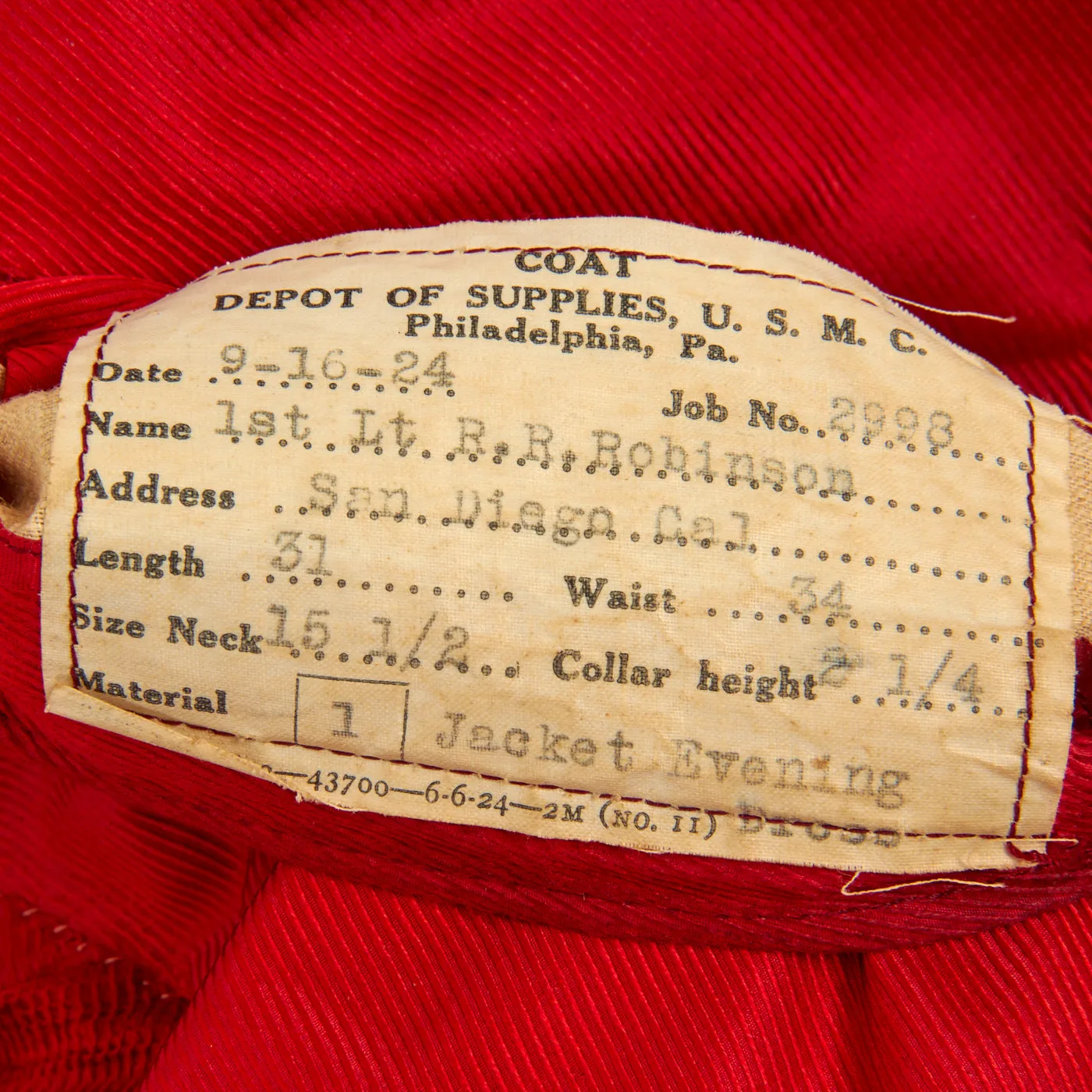 Original U.S. Pre-WWII US Marine Corps Named Officer’s Evening Dress A Uniform Belonging To Marine Present For Pearl Harbor Attack - Colonel Ralph Robinson