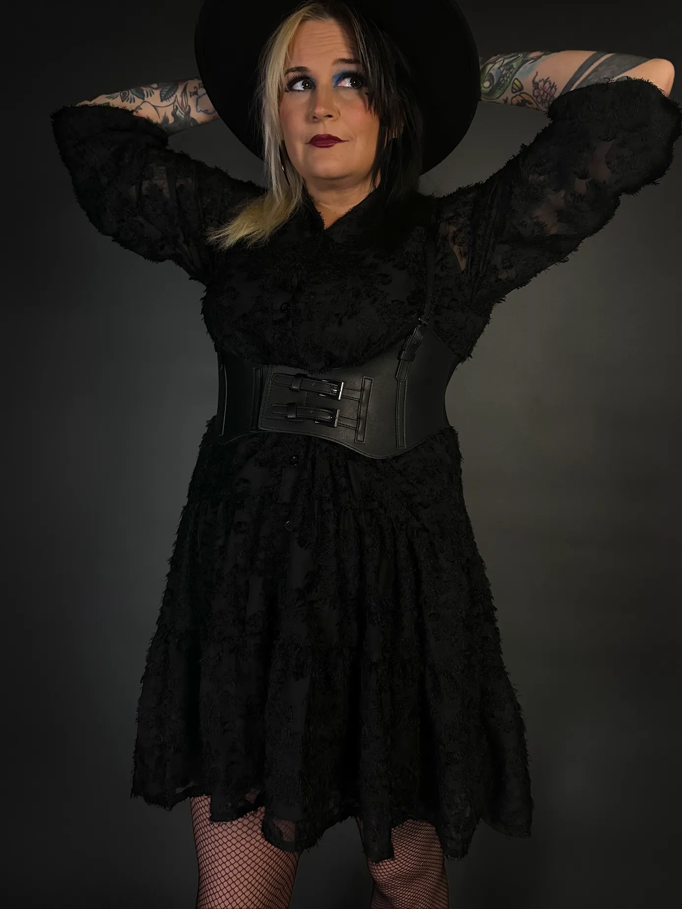 Outfit Set - Black Long Sleeve Button-up Goth Dress & Underbust Harness Corset Belt