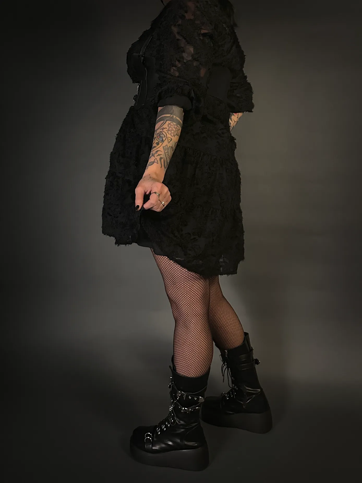 Outfit Set - Black Long Sleeve Button-up Goth Dress & Underbust Harness Corset Belt