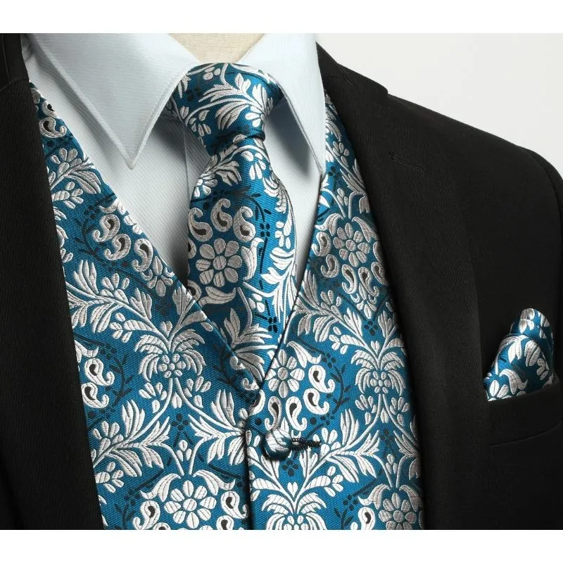 Paisley Floral 3pc Suit Vest Set - BLUE/GREY