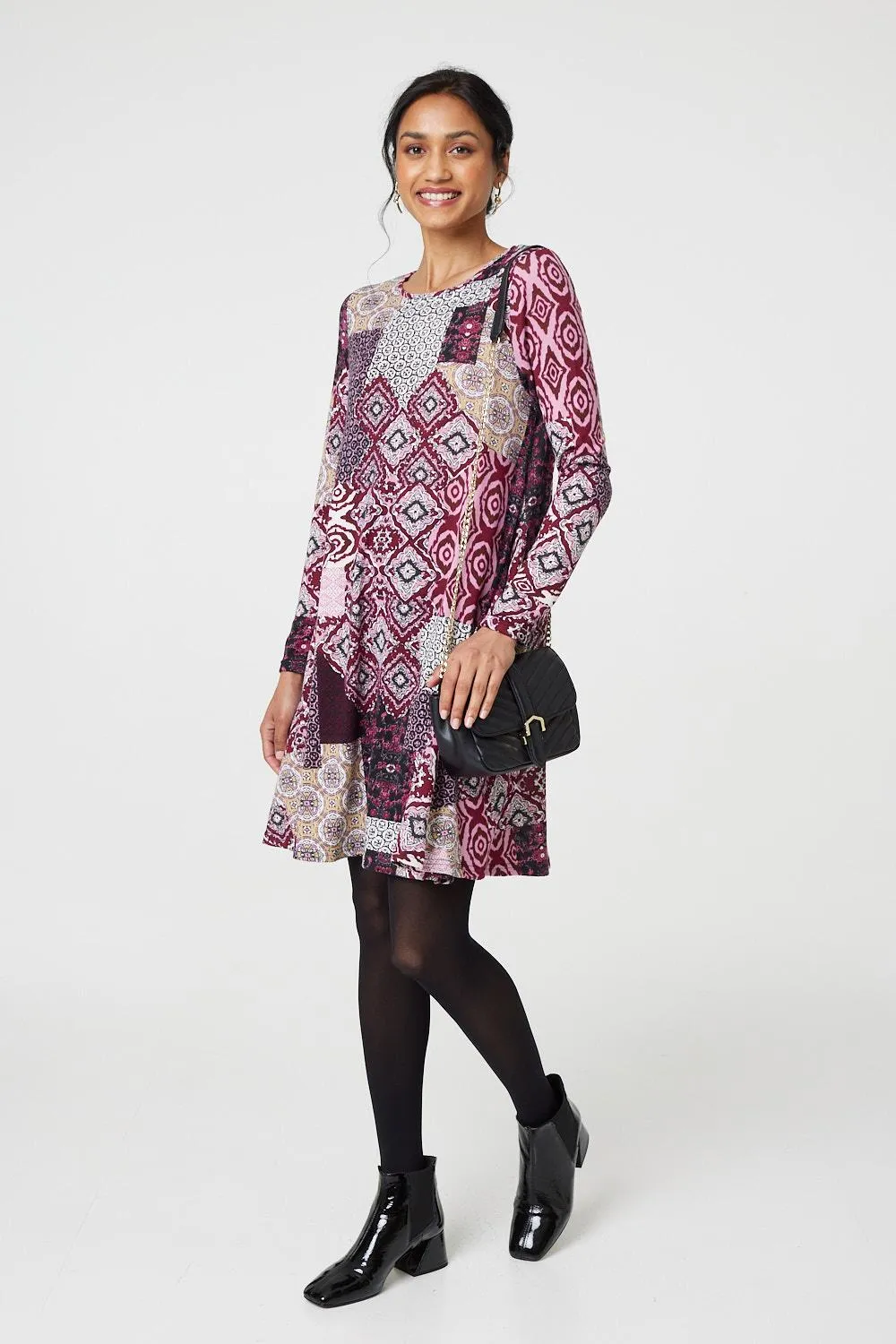 Patchwork Long Sleeve Short Swing Dress