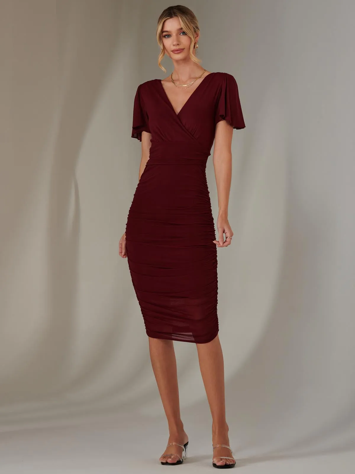 Plain Angel Sleeve Ruched Bodycon Dress, Burgundy