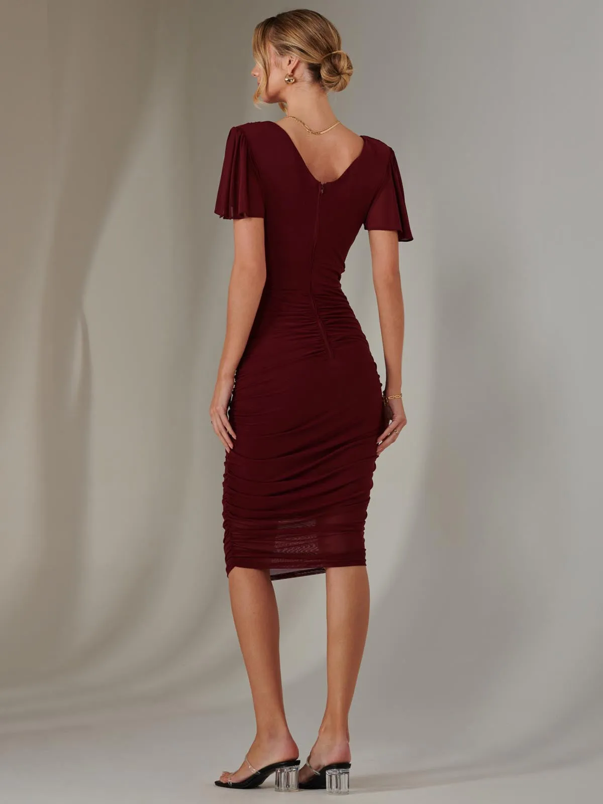 Plain Angel Sleeve Ruched Bodycon Dress, Burgundy