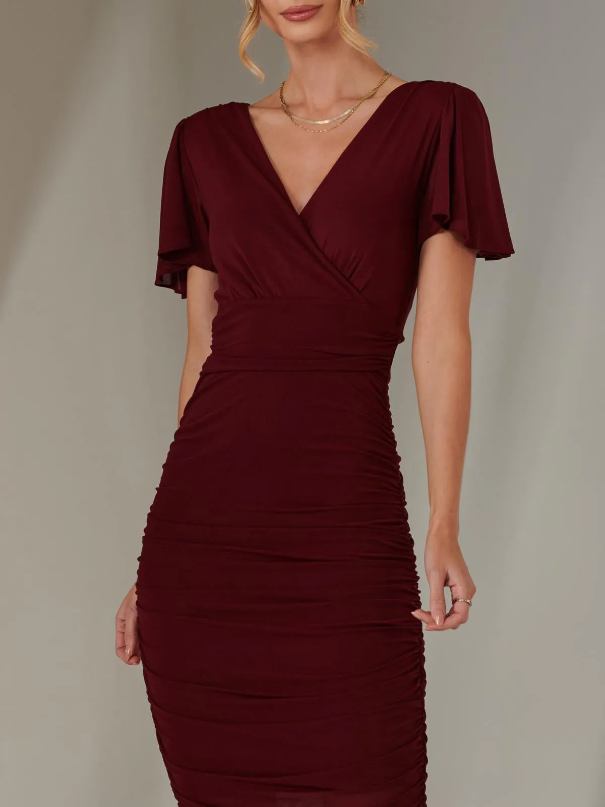 Plain Angel Sleeve Ruched Bodycon Dress, Burgundy