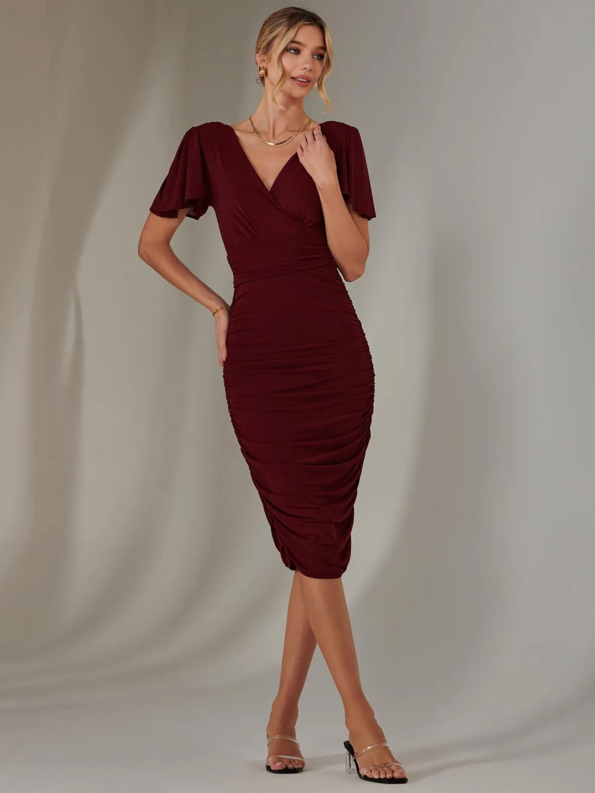 Plain Angel Sleeve Ruched Bodycon Dress, Burgundy