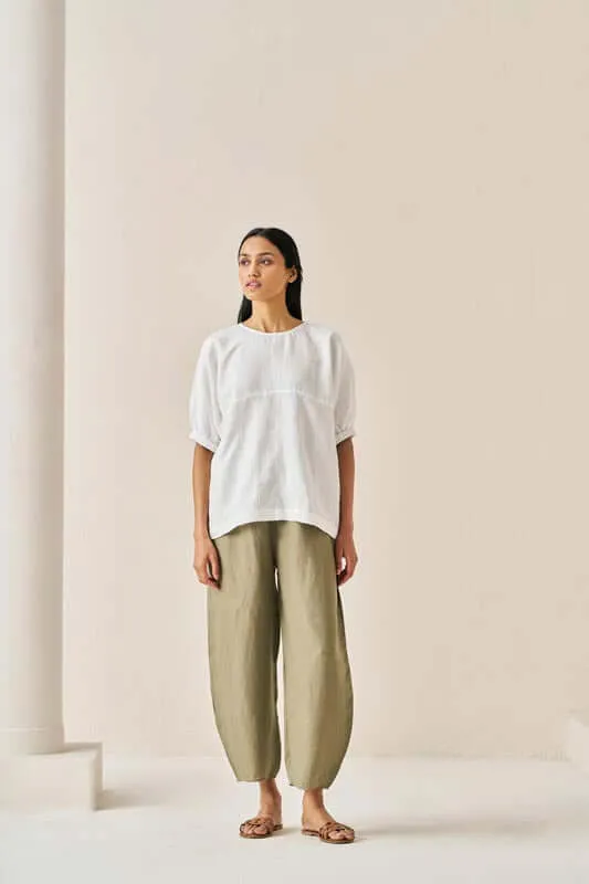 Pleated Top and Harem Pants Co-Ord Set White and Olive