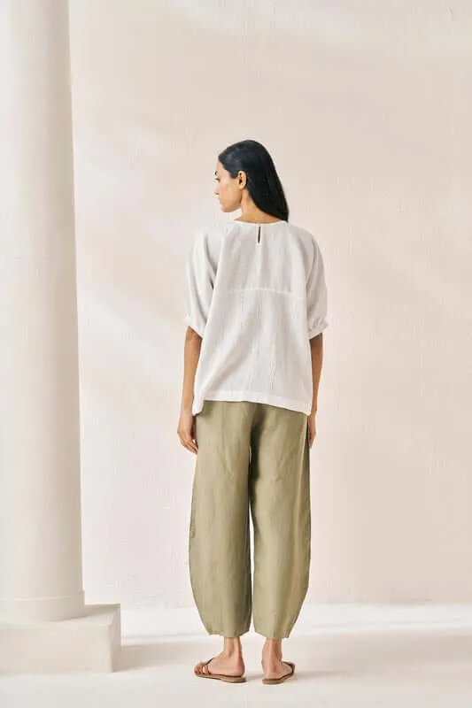 Pleated Top and Harem Pants Co-Ord Set White and Olive