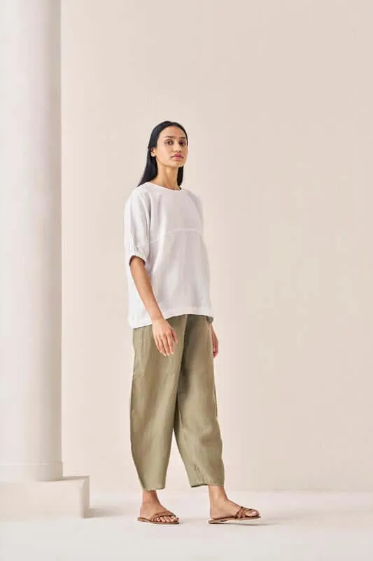 Pleated Top and Harem Pants Co-Ord Set White and Olive