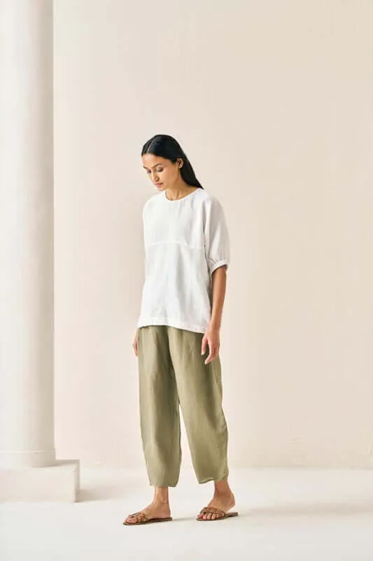 Pleated Top and Harem Pants Co-Ord Set White and Olive