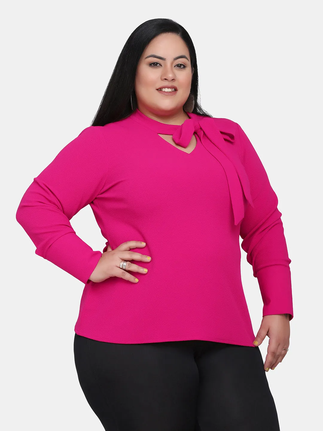 Plus Size Ladies Office Cut Out V-Neck Stretch Top - Hot Pink