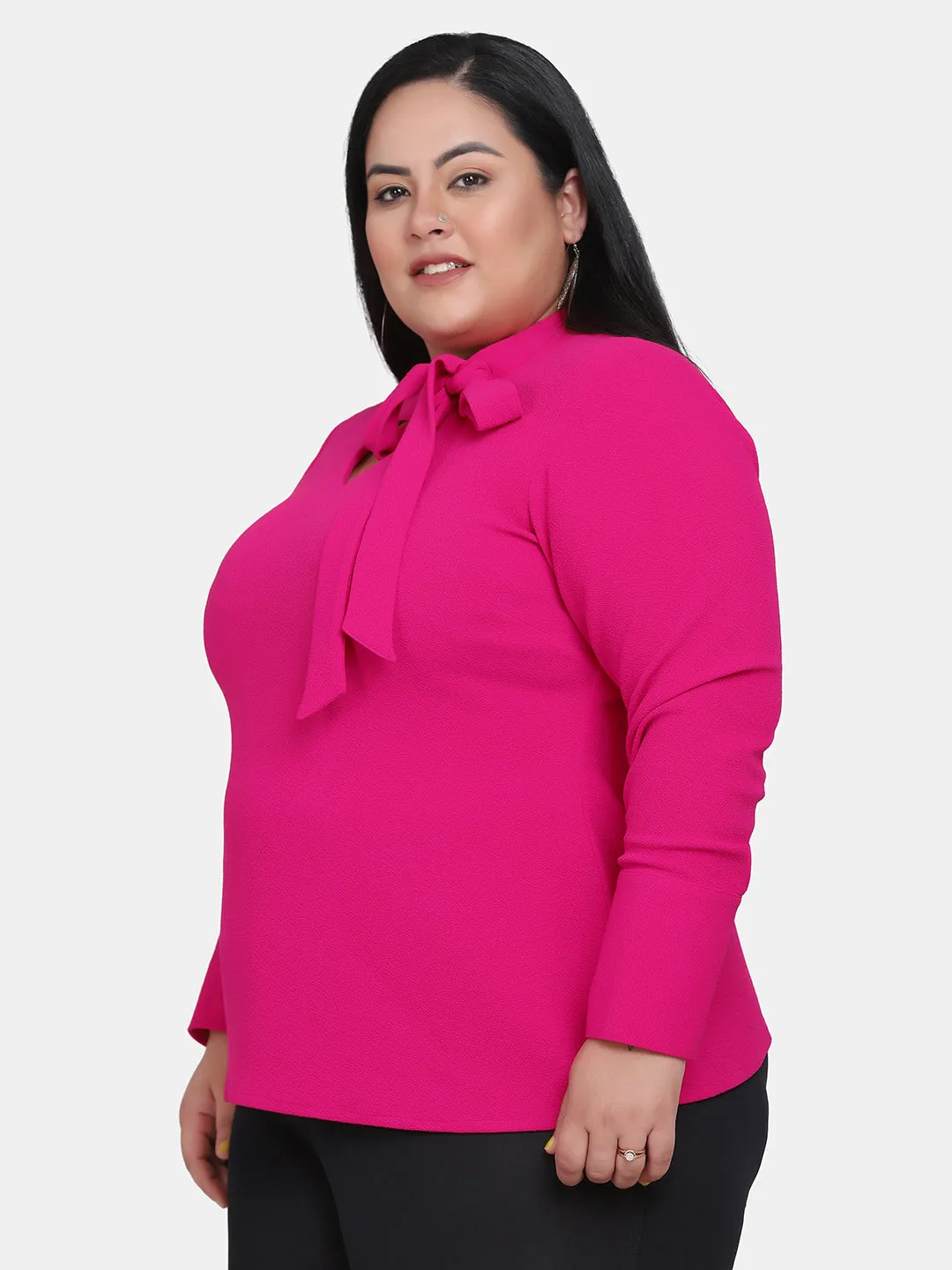 Plus Size Ladies Office Cut Out V-Neck Stretch Top - Hot Pink