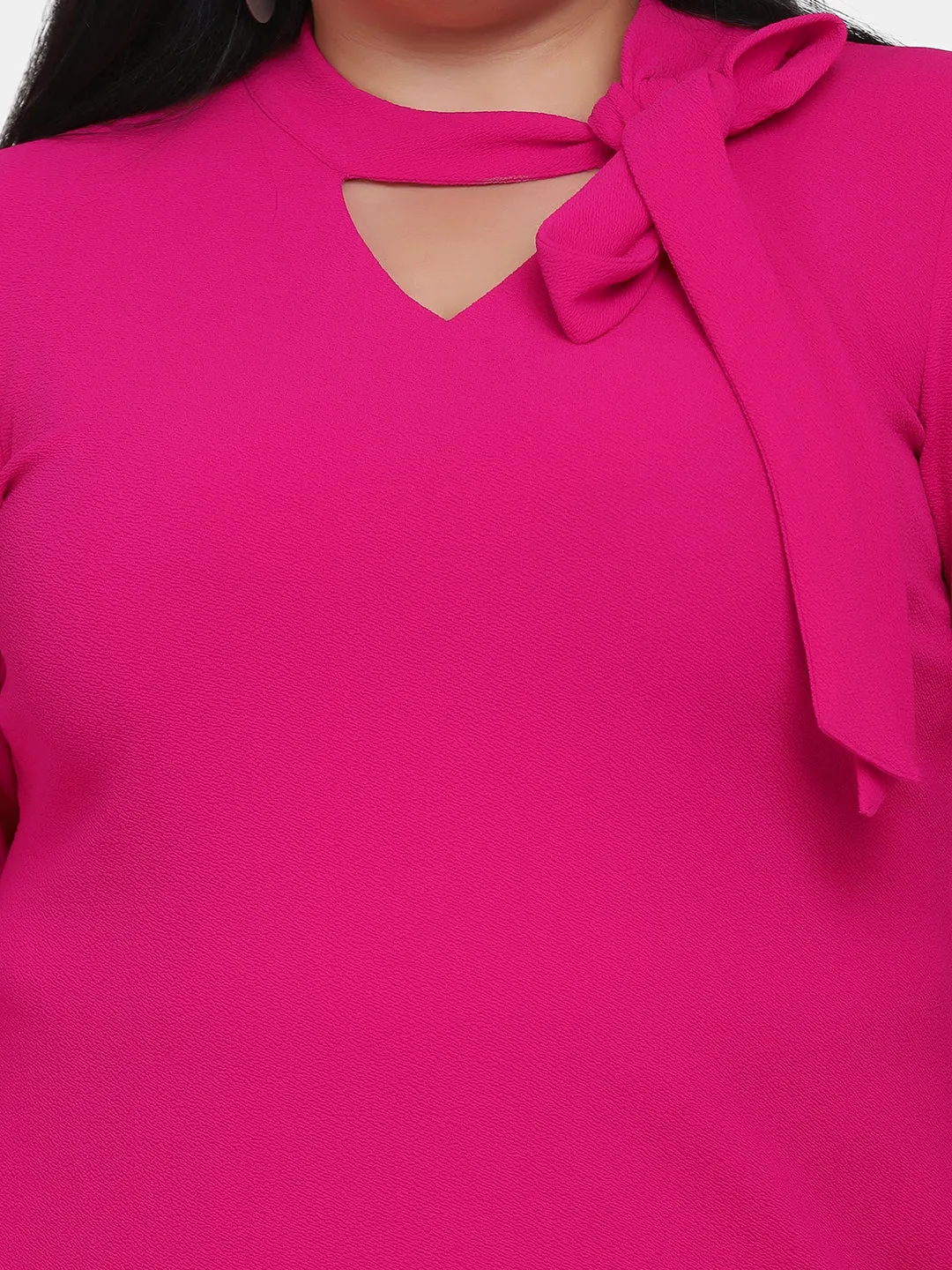 Plus Size Ladies Office Cut Out V-Neck Stretch Top - Hot Pink