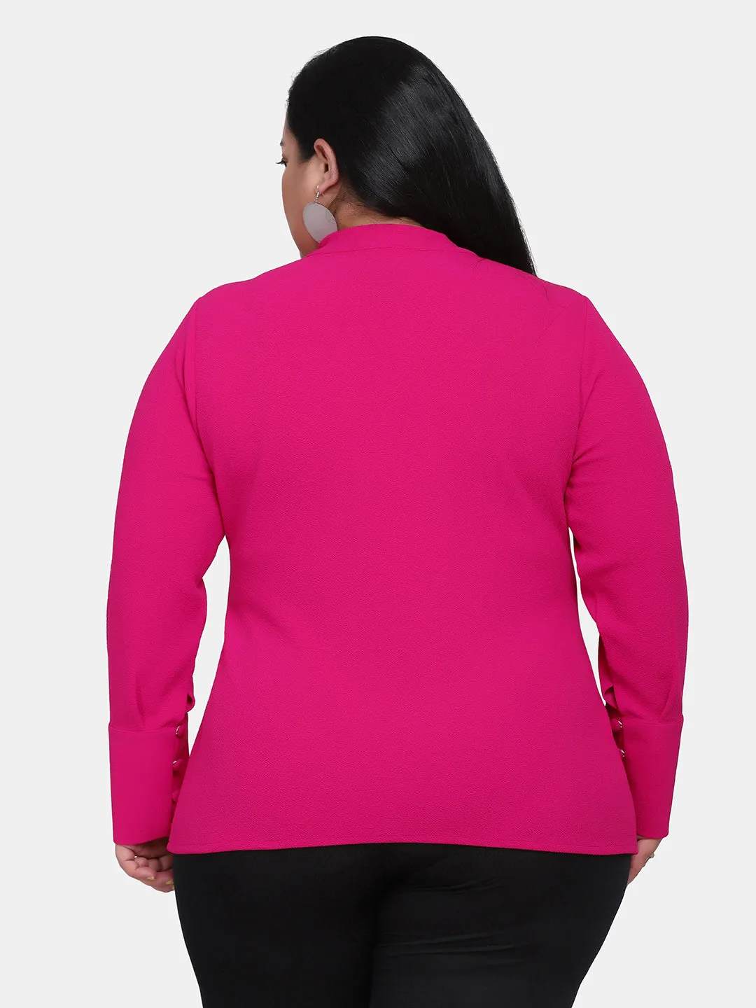 Plus Size Ladies Office Cut Out V-Neck Stretch Top - Hot Pink