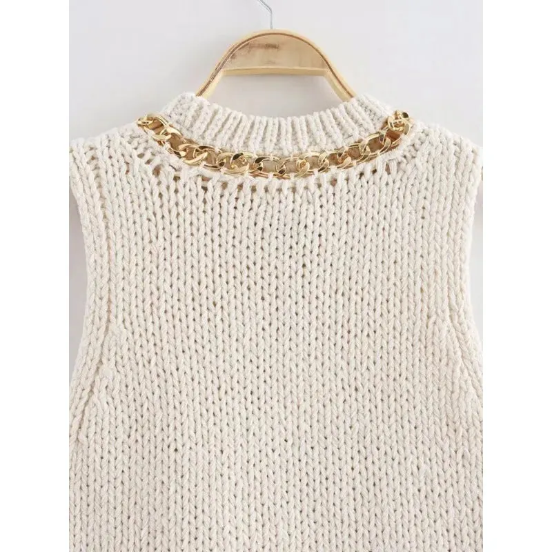 Pre Order: Asymmetrical Sleeveless Round Neck Chain Knitted Vest