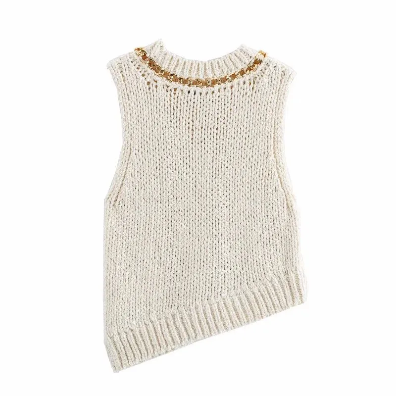 Pre Order: Asymmetrical Sleeveless Round Neck Chain Knitted Vest