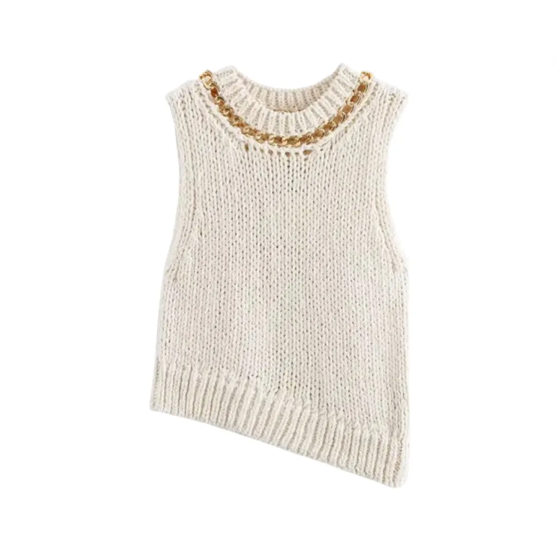 Pre Order: Asymmetrical Sleeveless Round Neck Chain Knitted Vest