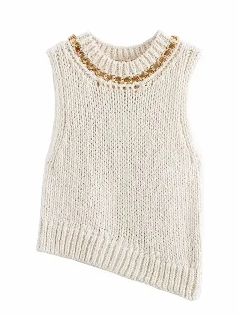 Pre Order: Asymmetrical Sleeveless Round Neck Chain Knitted Vest