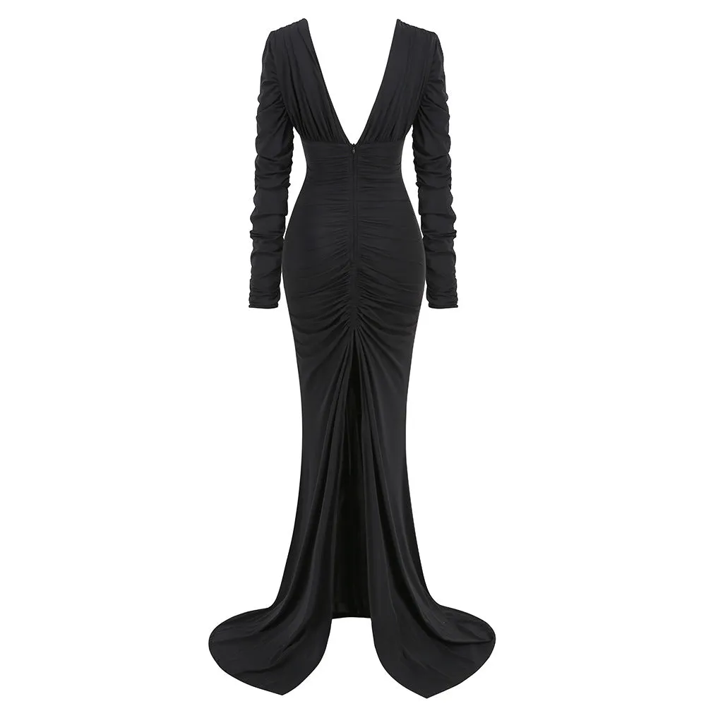 Pre Order:  Pleated Deep V Long Sleeved Fishtail Pleated Dress