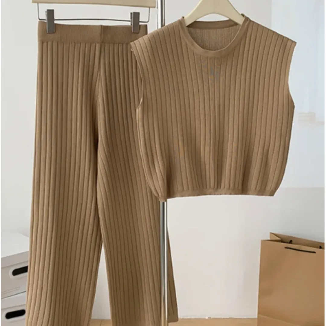 Pre Order:  Solid Knitted Vest   Wide Leg Knitted Pants Set