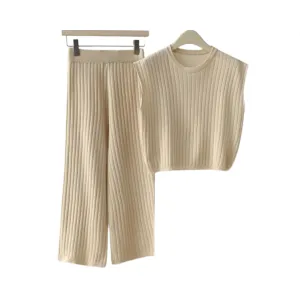 Pre Order:  Solid Knitted Vest   Wide Leg Knitted Pants Set