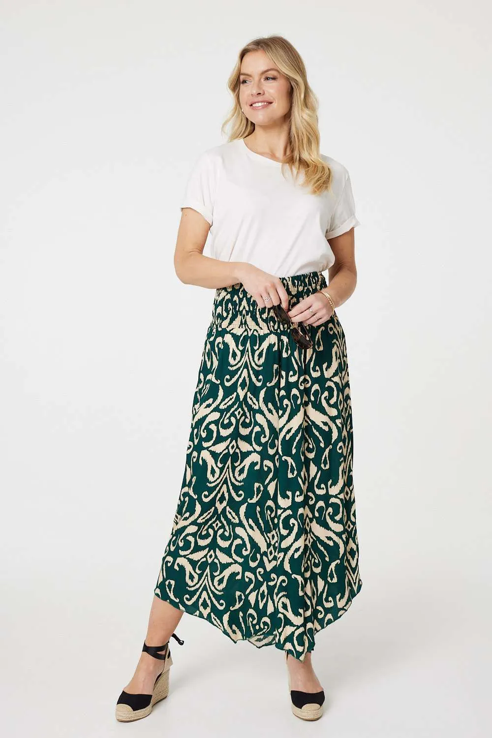 Printed Shirred Waist Wide Leg Trousers