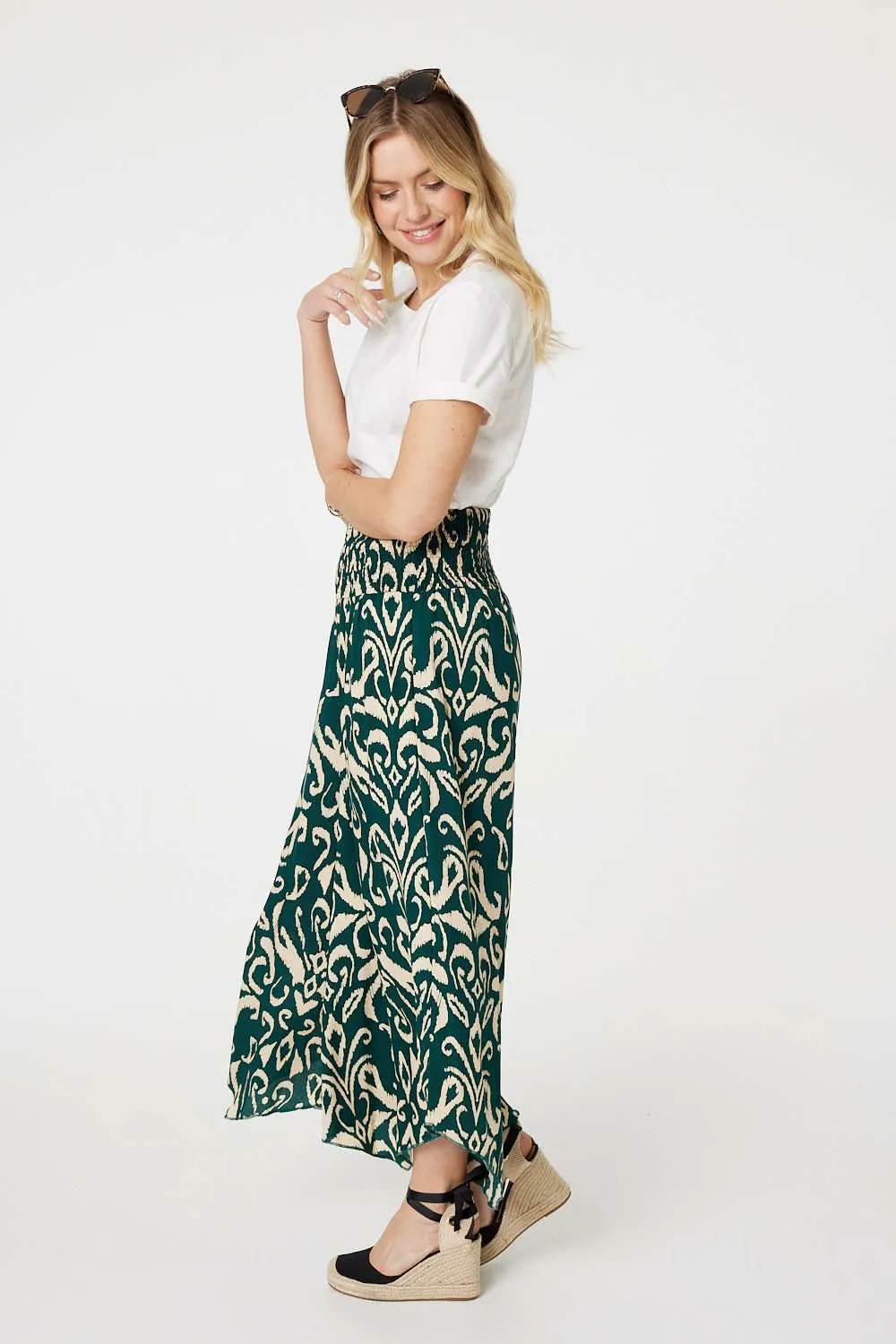 Printed Shirred Waist Wide Leg Trousers