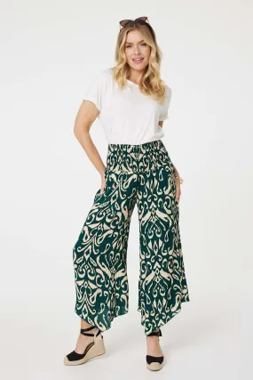 Printed Shirred Waist Wide Leg Trousers