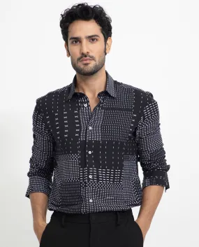 Rare Rabbit Men's Comica Black Geometric Printed Full Sleeves Shirt