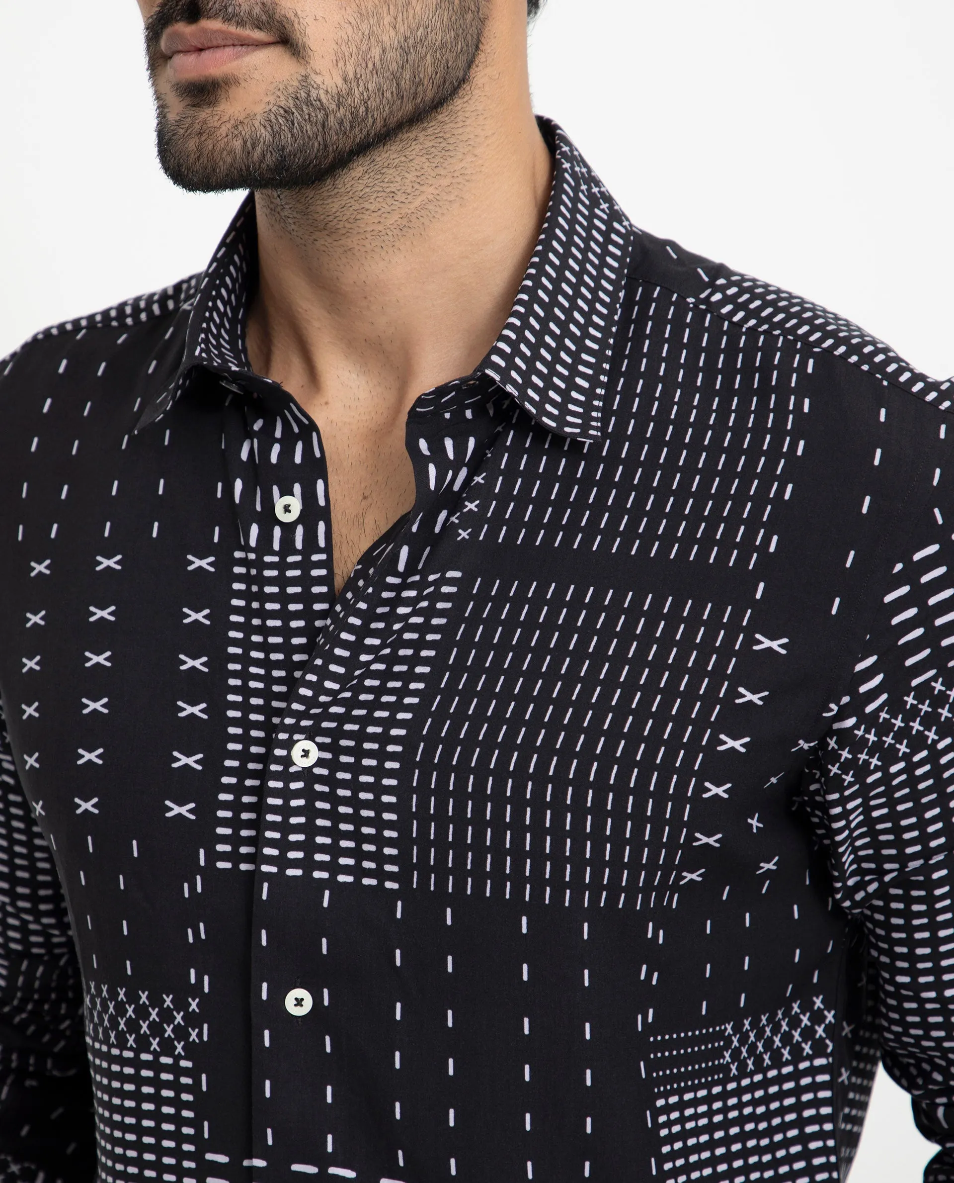 Rare Rabbit Men's Comica Black Geometric Printed Full Sleeves Shirt