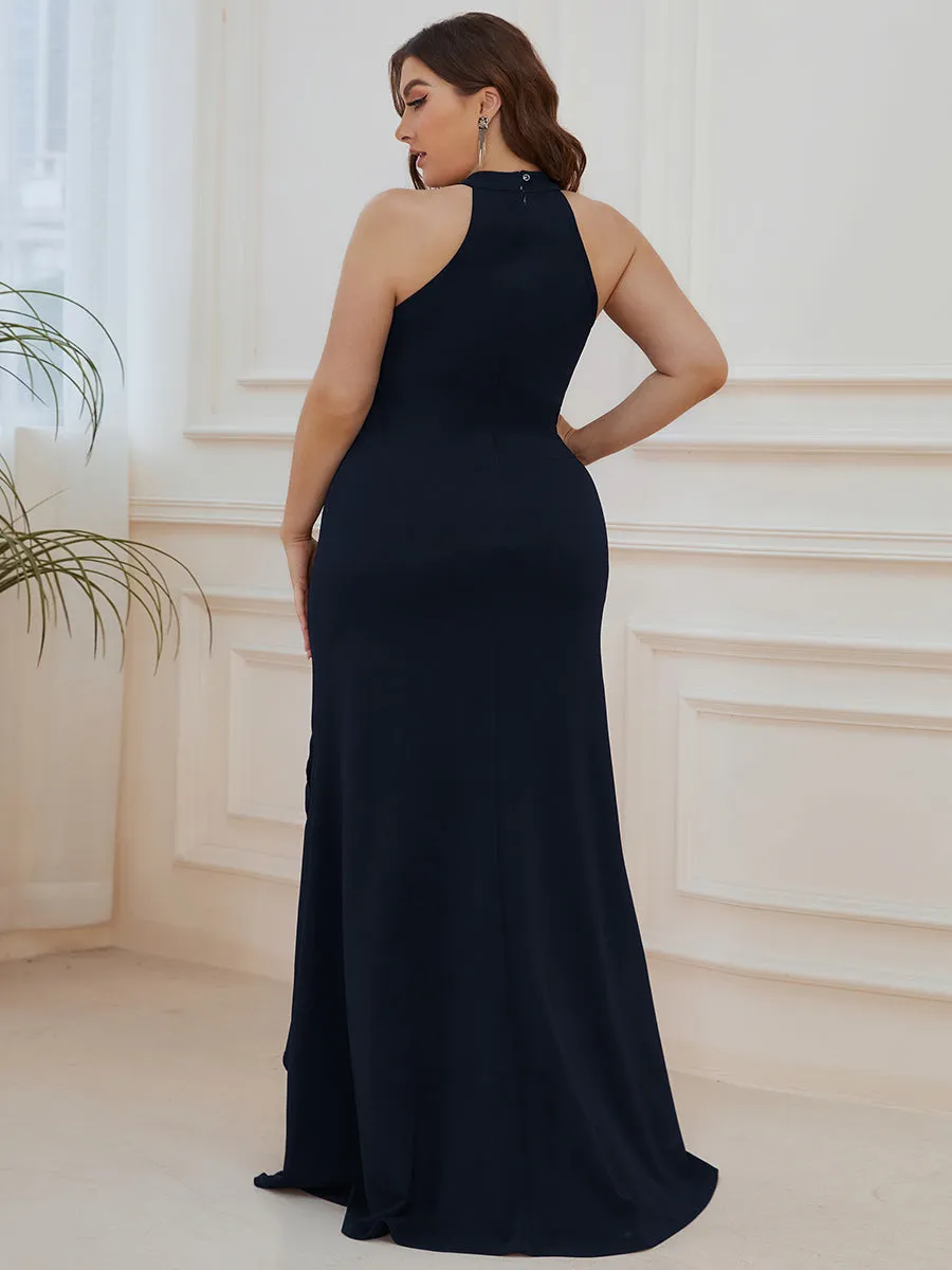 Ruffled Front Slit Cinched Waist High Neck Sleeveless Evening Dress