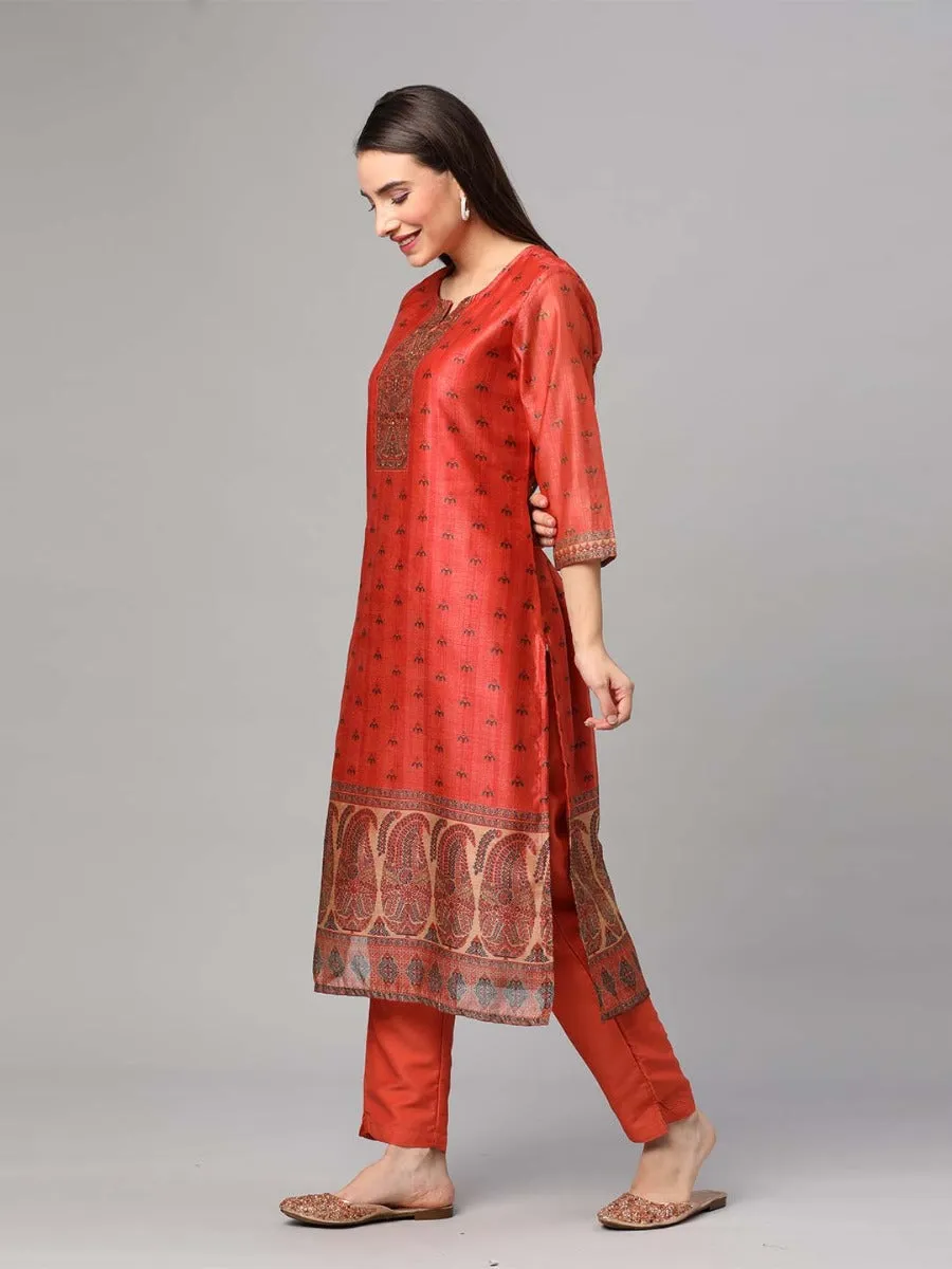 Rust Ornamental Printed Kurta Trouser Dupatta