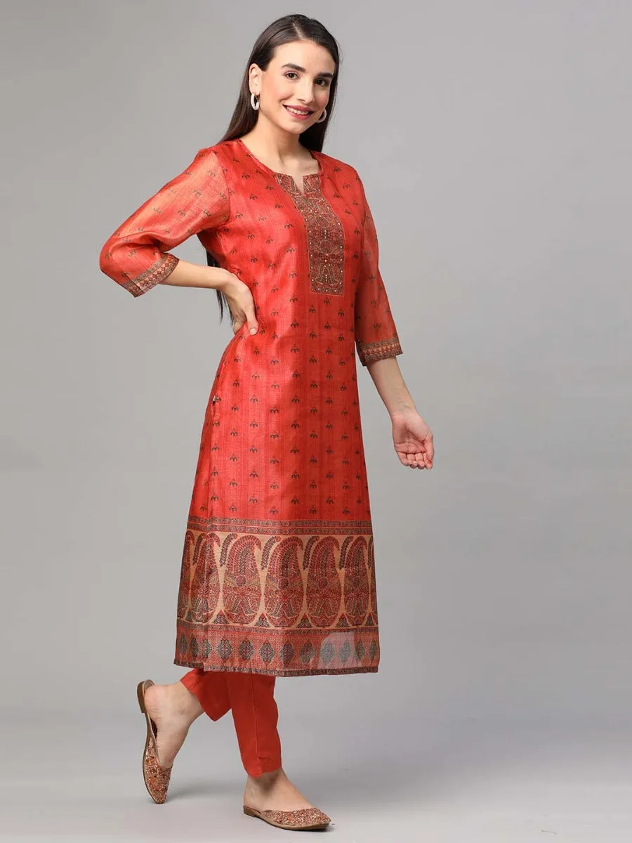 Rust Ornamental Printed Kurta Trouser Dupatta