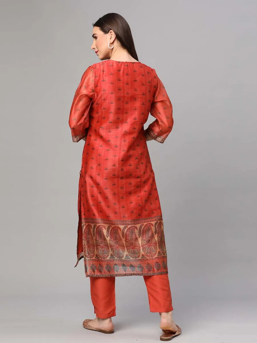 Rust Ornamental Printed Kurta Trouser Dupatta