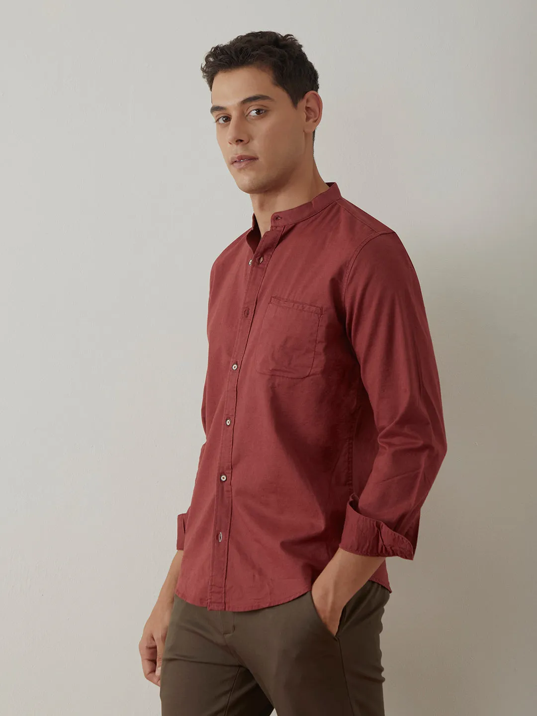 Rust Plain Chinese Collar Shirt