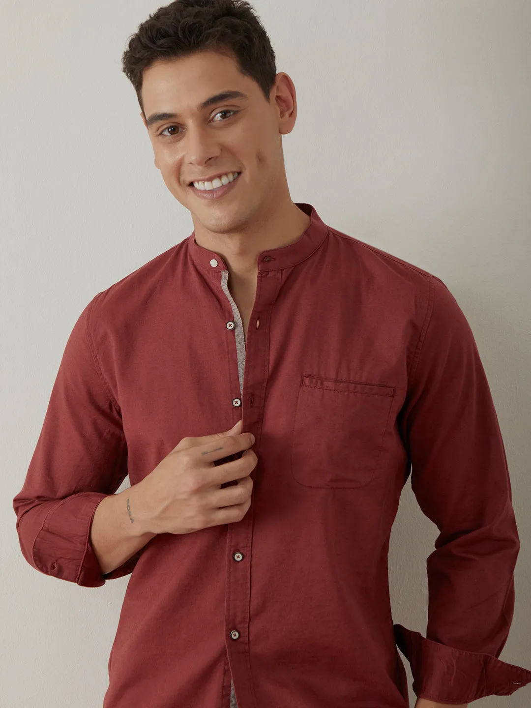 Rust Plain Chinese Collar Shirt