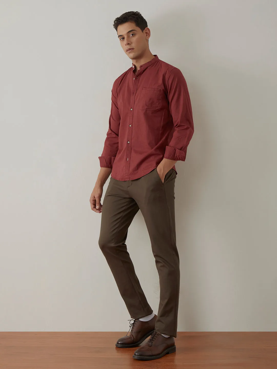 Rust Plain Chinese Collar Shirt