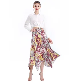 S068-5 Women vintage print asymmetric panelled long flare handkerchief skirt