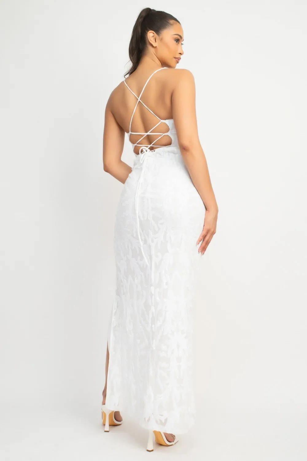 Sequin Back-Crisscross Tie Slit Dress