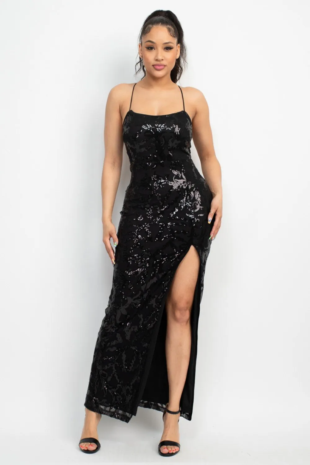 Sequin Back-Crisscross Tie Slit Dress