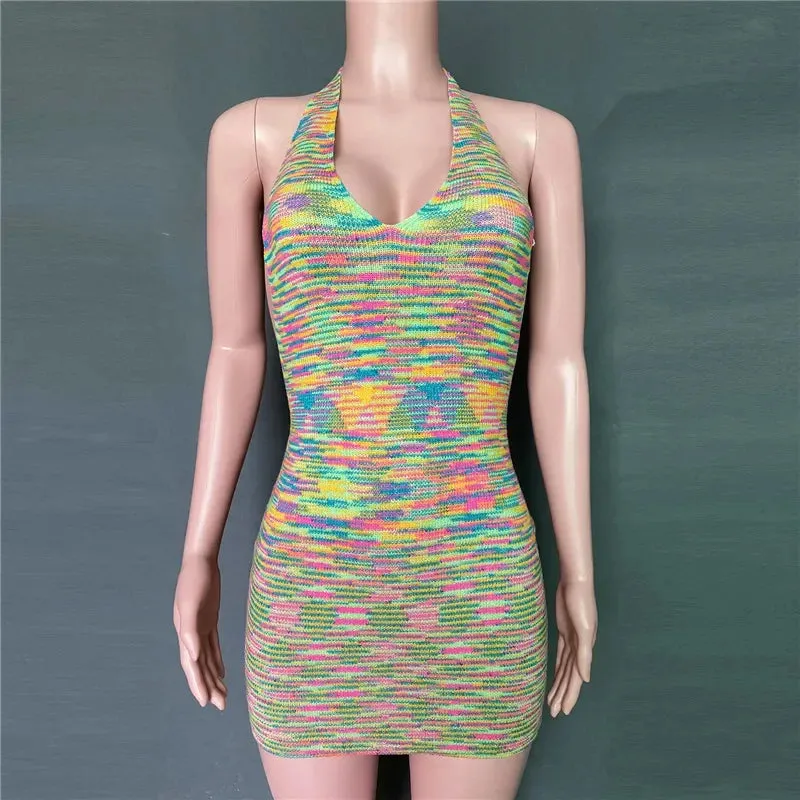 Sexy Knitted Backless Halter Tank Dress Women Beach Vacation Outfits Summer 2023 Clubwear Mini Bodycon Dresses C88DC12