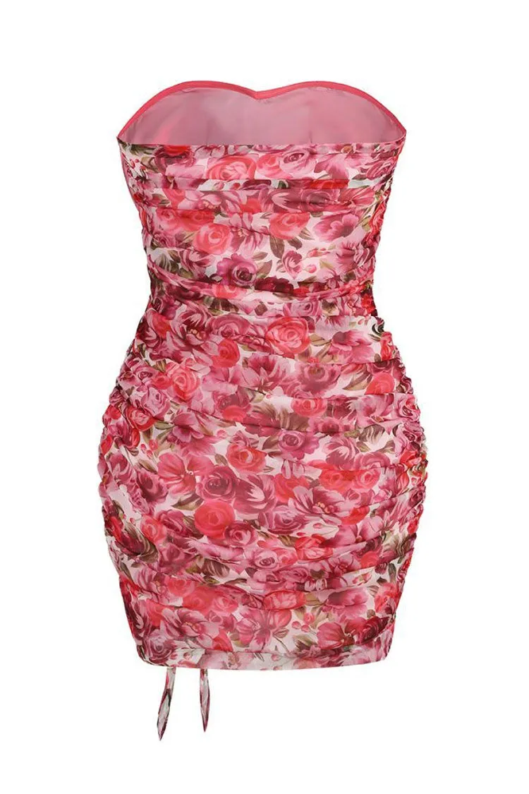 Sexy Rosette Sweetheart Ruffle Trim Ruched Strapless Party Mini Dress - Floral