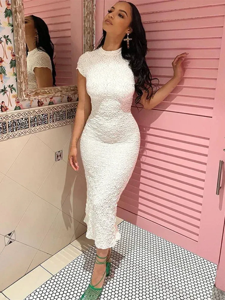 Sexy Short Sleeve Bodycon Slit Long Dress Translucent White Lace Summer Elegant Dresses for Women 2023 C85-DI27