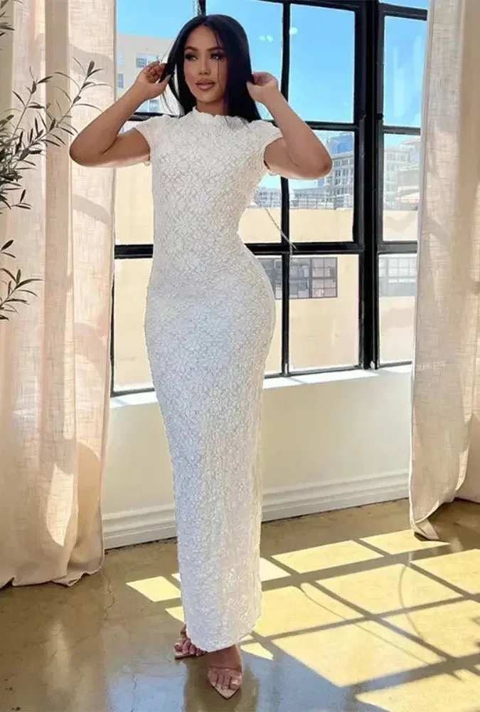 Sexy Short Sleeve Bodycon Slit Long Dress Translucent White Lace Summer Elegant Dresses for Women 2023 C85-DI27