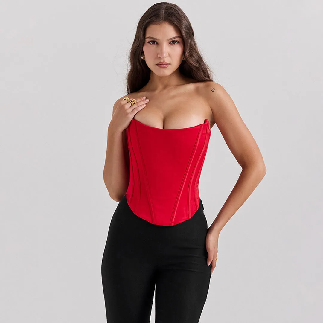 Sexy Solid Color Strapless Sweetheart Neck Lace Up Satin Crop Corset Top