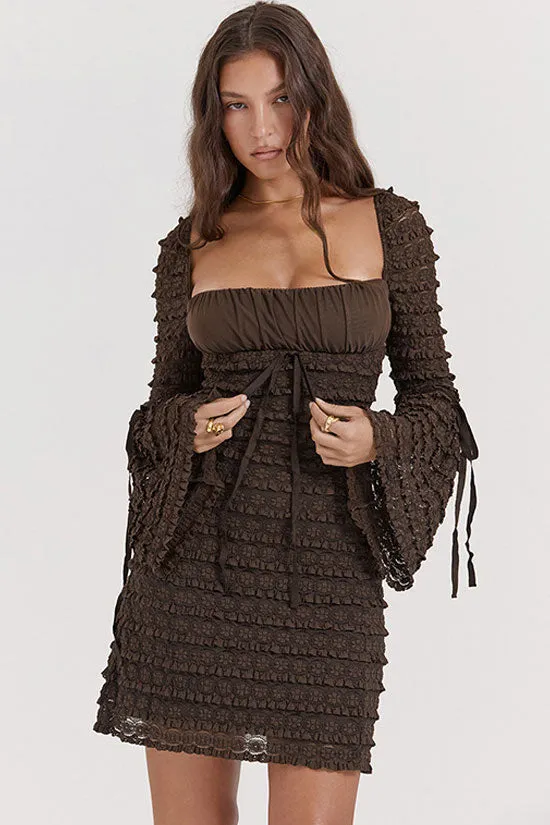 Sexy Square Neck Flared Sleeve Tiered Ruffle Lace Bodycon Party Mini Dress - Coffee