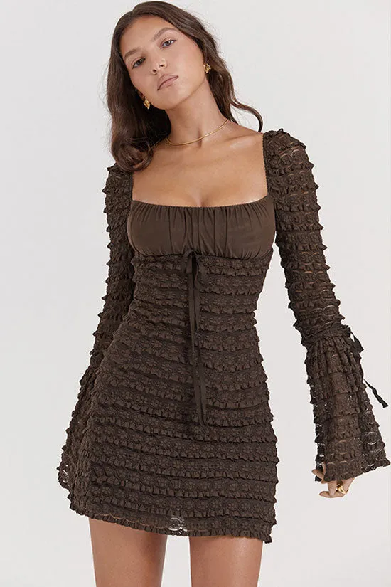 Sexy Square Neck Flared Sleeve Tiered Ruffle Lace Bodycon Party Mini Dress - Coffee