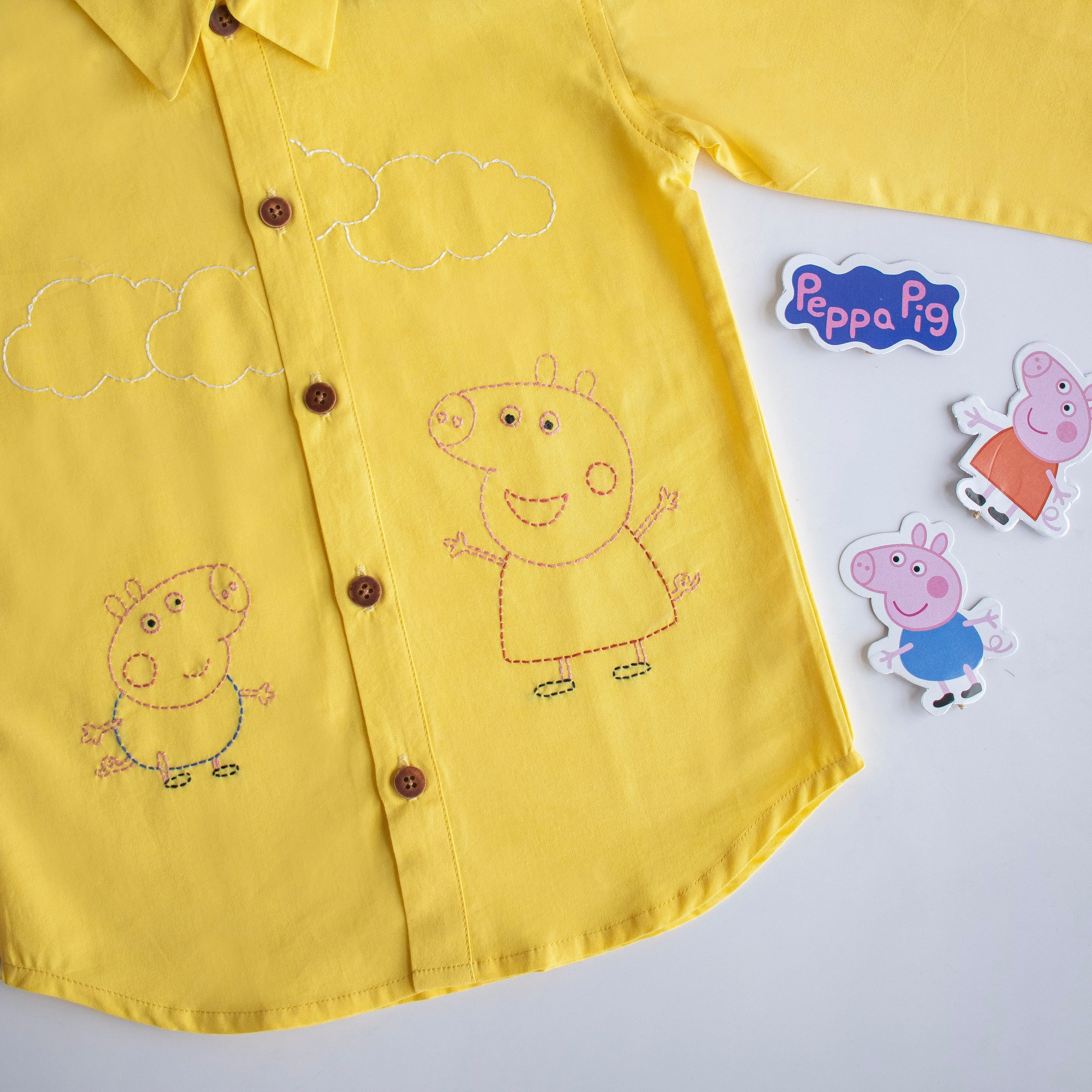 Sibling Pigs Embroidered Unisex Shirt - Yellow