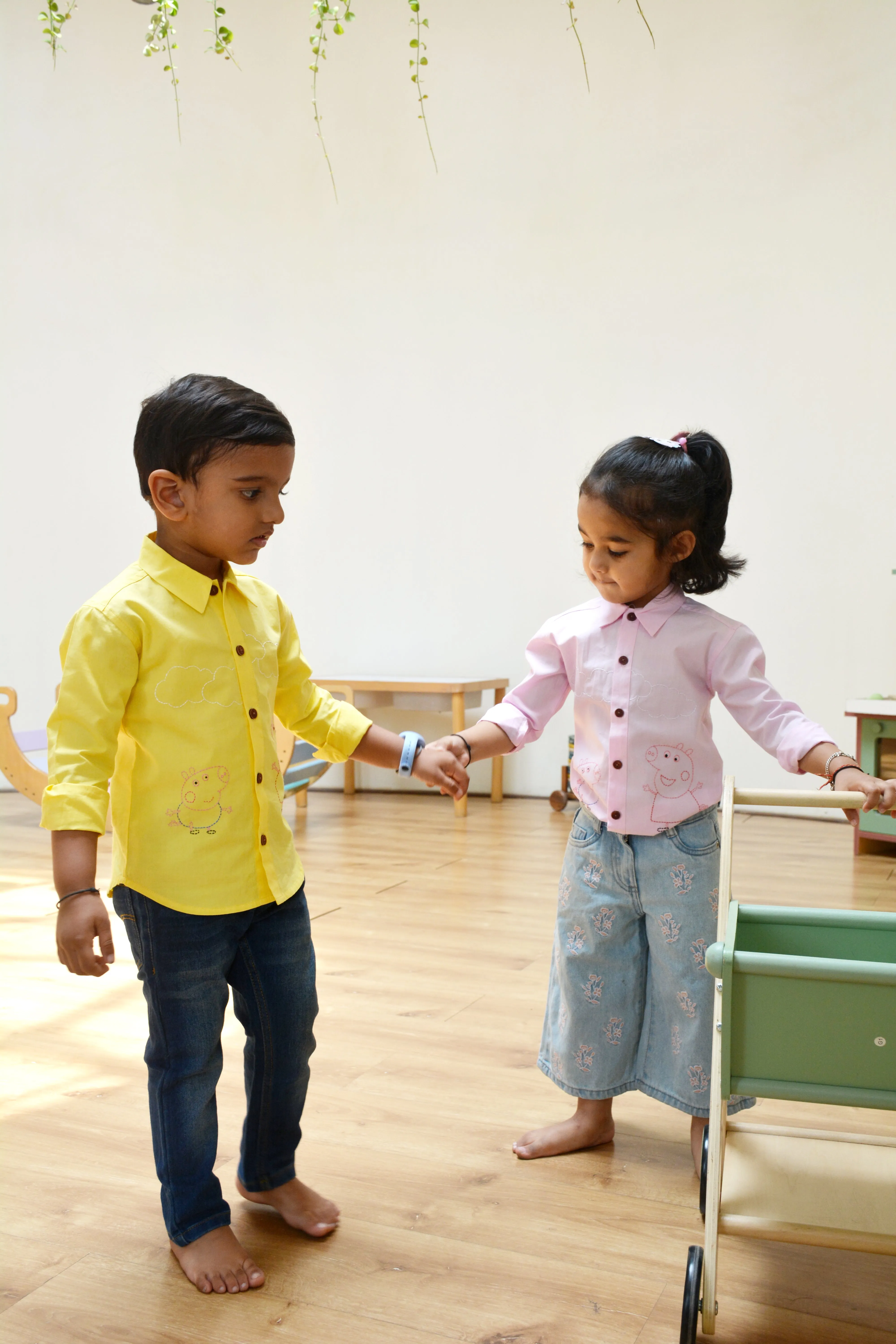 Sibling Pigs Embroidered Unisex Shirt - Yellow