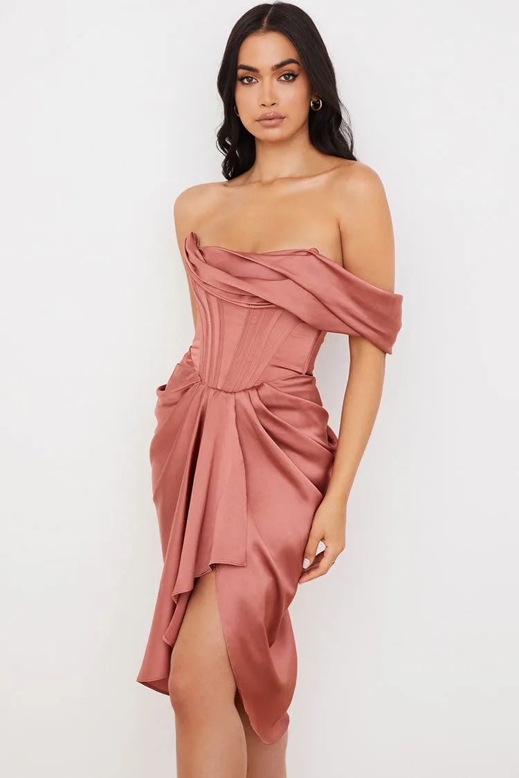 Silky Satin Off Shoulder Ruched Bodycon Midi Corset Dress - Dusty Pink